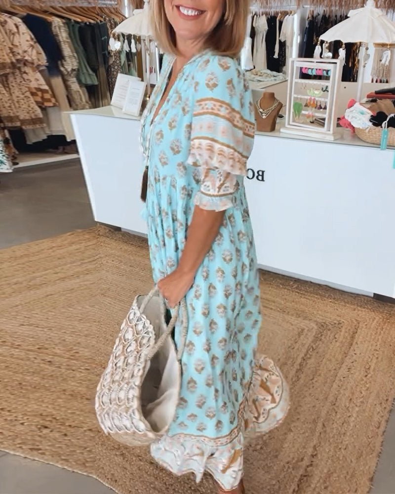 Stella | Floral V-Neck Linen Midi Dress for Summer