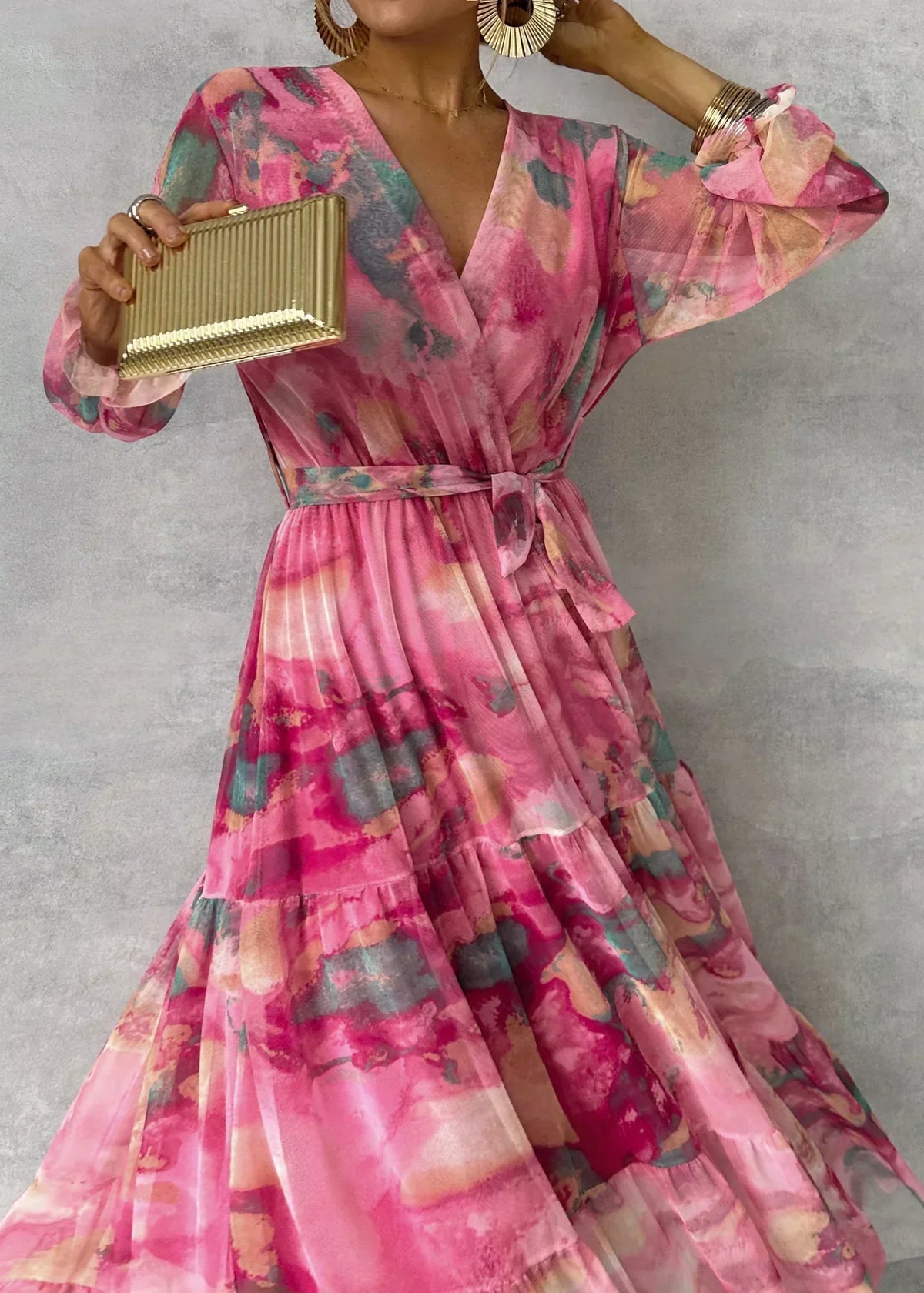 Nell | Pleated Floral Belted Chiffon Maxi Dress