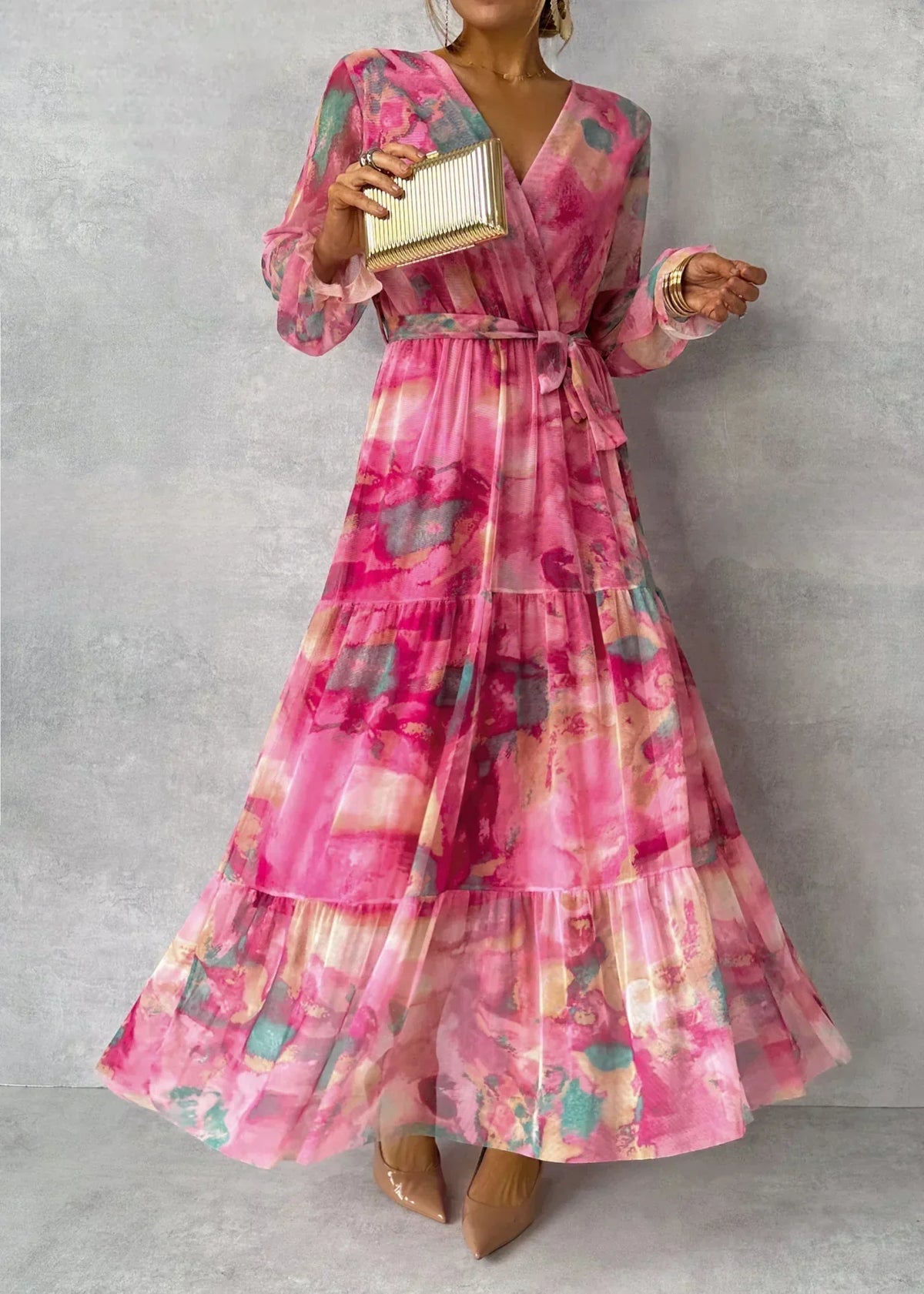 Nell | Pleated Floral Belted Chiffon Maxi Dress
