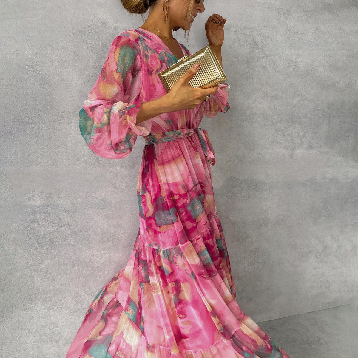Nell | Pleated Floral Belted Chiffon Maxi Dress