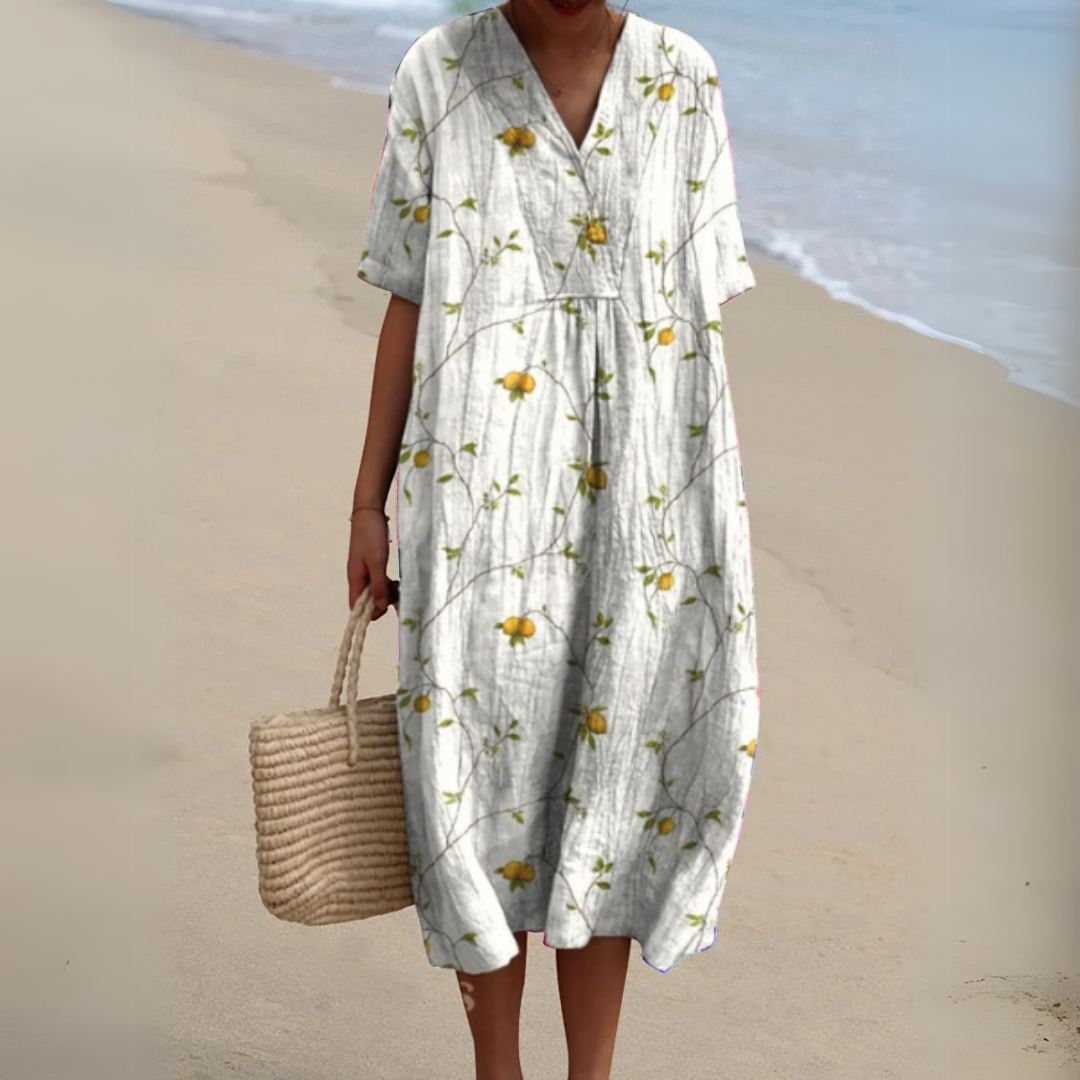 Serena | Floral Cotton-Linen V-Neck Dress for Summer