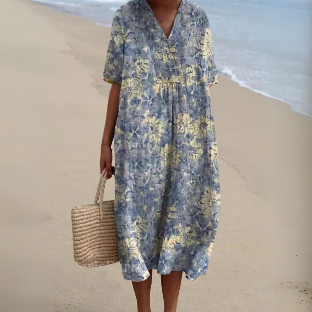 Serena | Floral Cotton-Linen V-Neck Dress for Summer