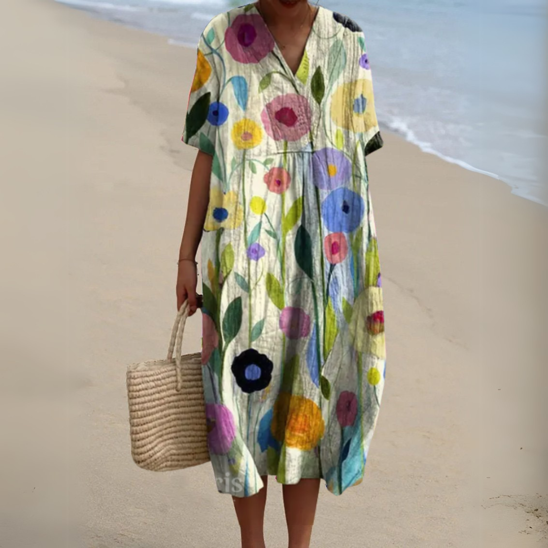 Rhea | Floral V-Neck Adjustable-Waist Chiffon Dress for Summer