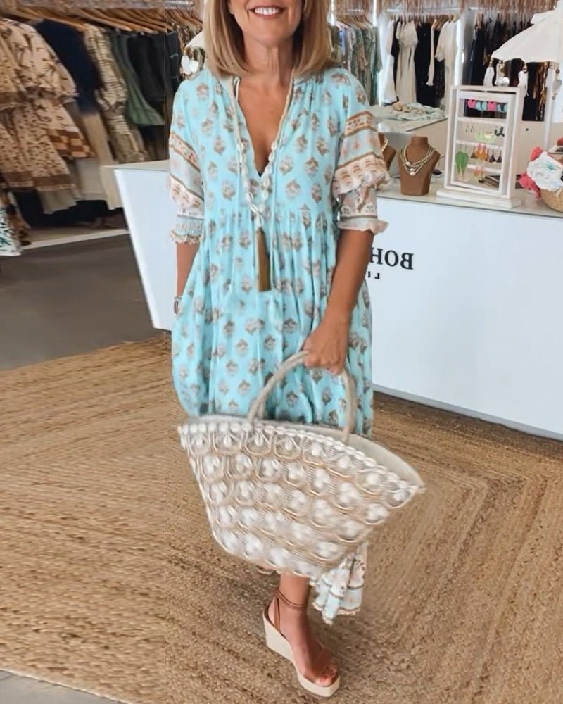 Stella | Floral V-Neck Linen Midi Dress for Summer