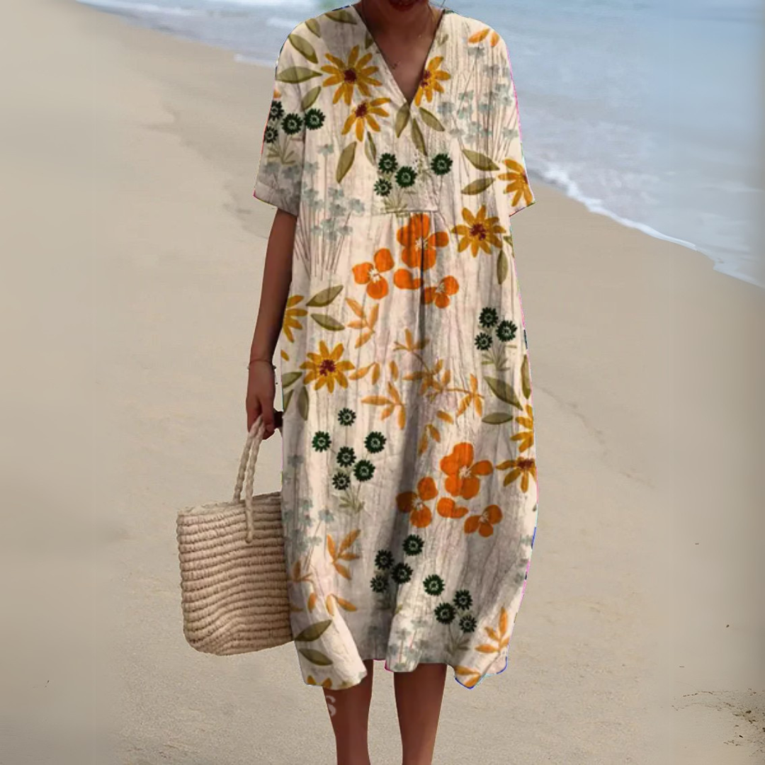 Rhea | Floral V-Neck Adjustable-Waist Chiffon Dress for Summer