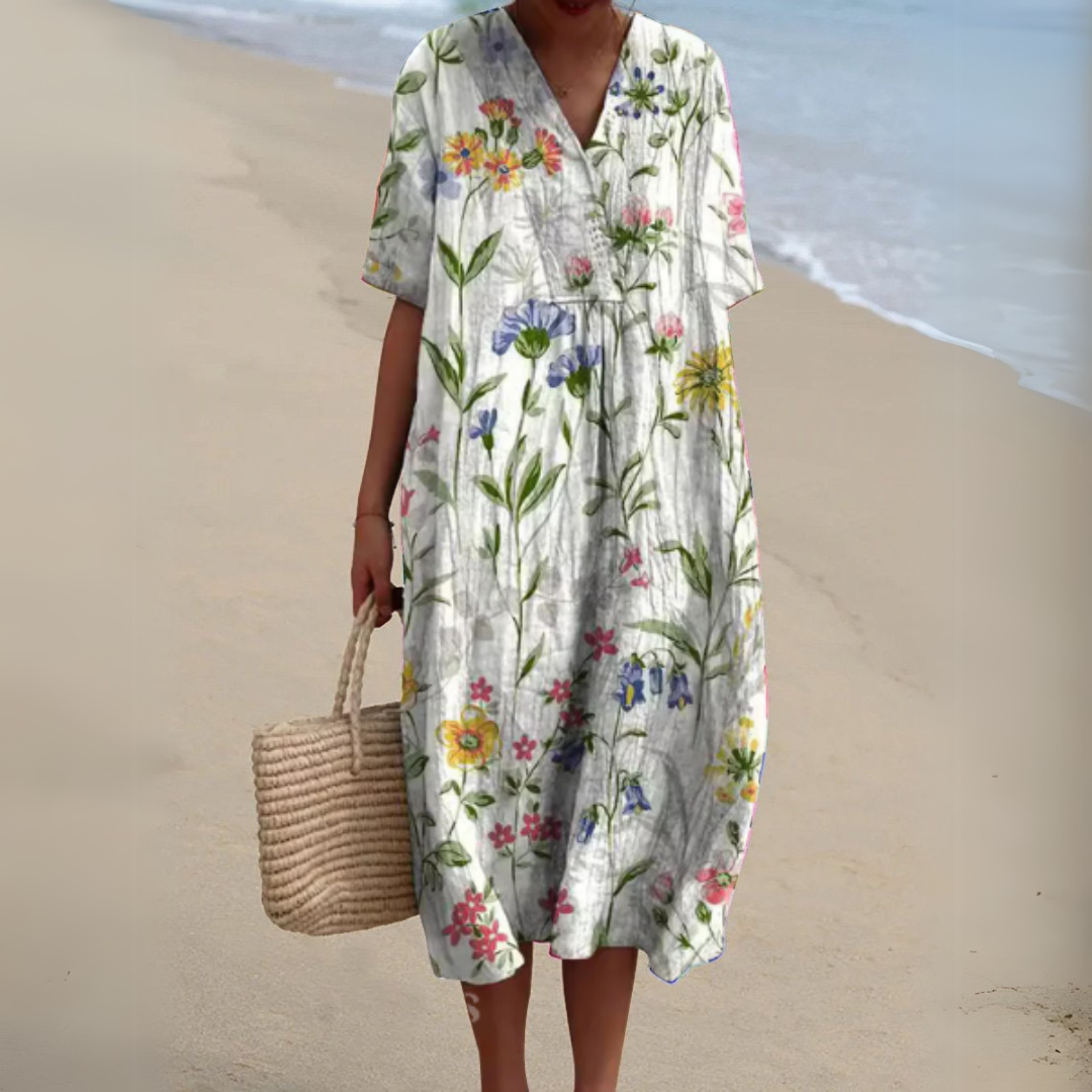 Serena | Floral Cotton-Linen V-Neck Dress for Summer