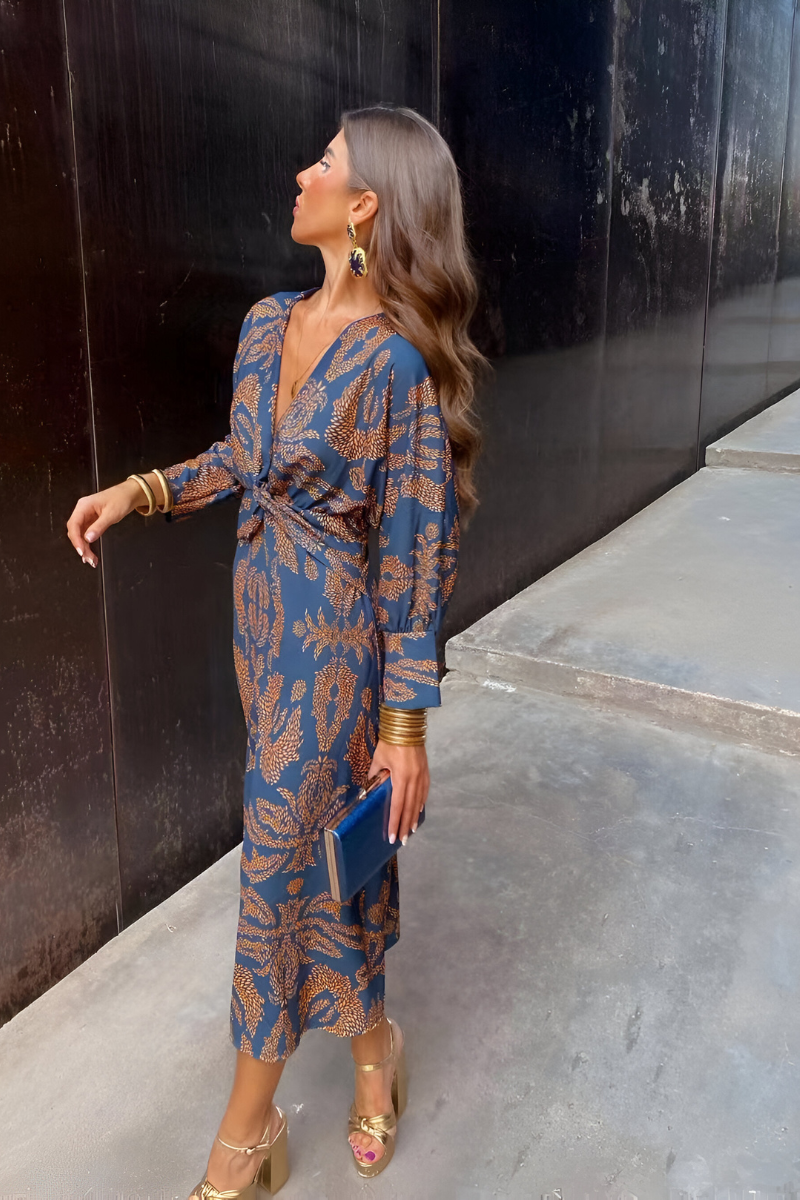 Xanthe | Floral Twist-Front Long-Sleeve Midi Dress