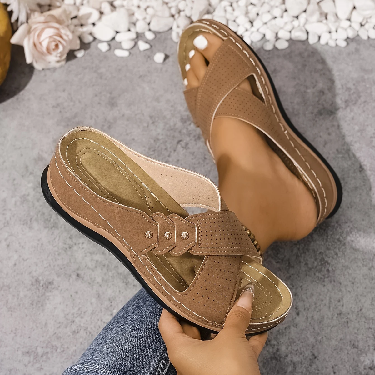 Indie | Criss-Cross Perforated Low Wedge Women Sandals for Summer