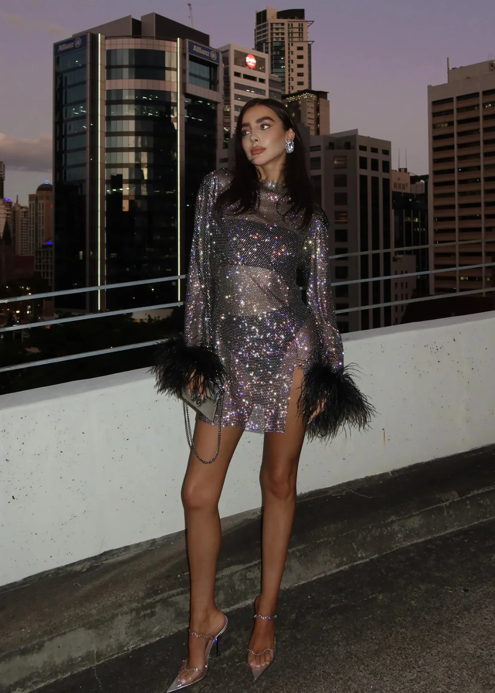 Lana | Metallic Feather-Cuff Mini Dress for Holiday Parties
