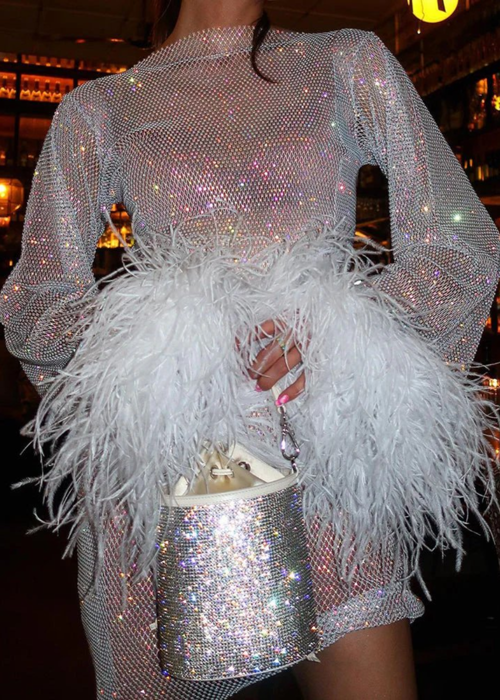 Lana | Metallic Feather-Cuff Mini Dress for Holiday Parties