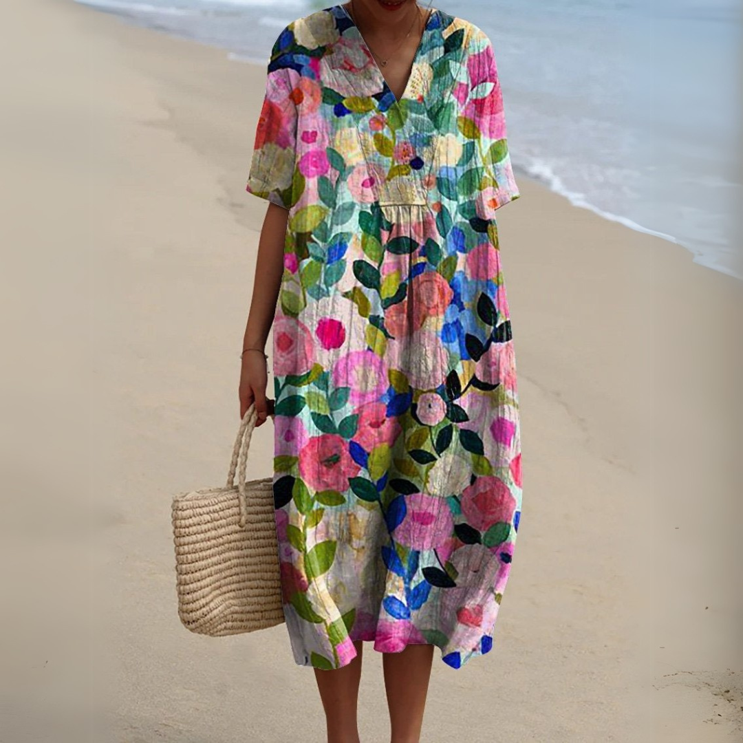 Serena | Floral Cotton-Linen V-Neck Dress for Summer