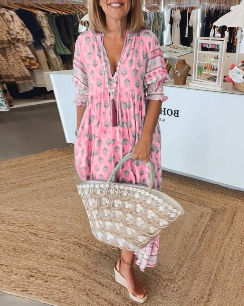 Stella | Floral V-Neck Linen Midi Dress for Summer
