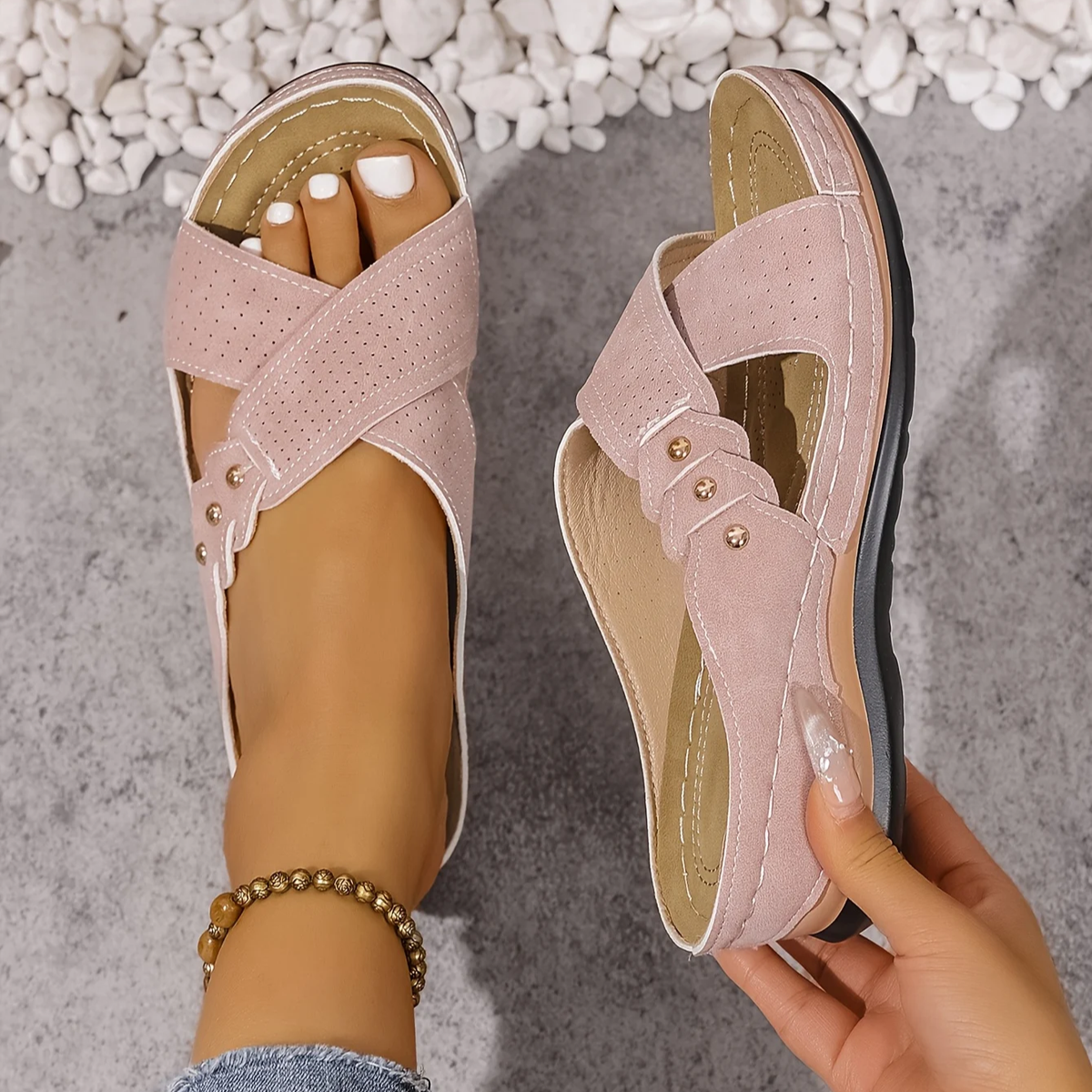Indie | Criss-Cross Perforated Low Wedge Women Sandals for Summer