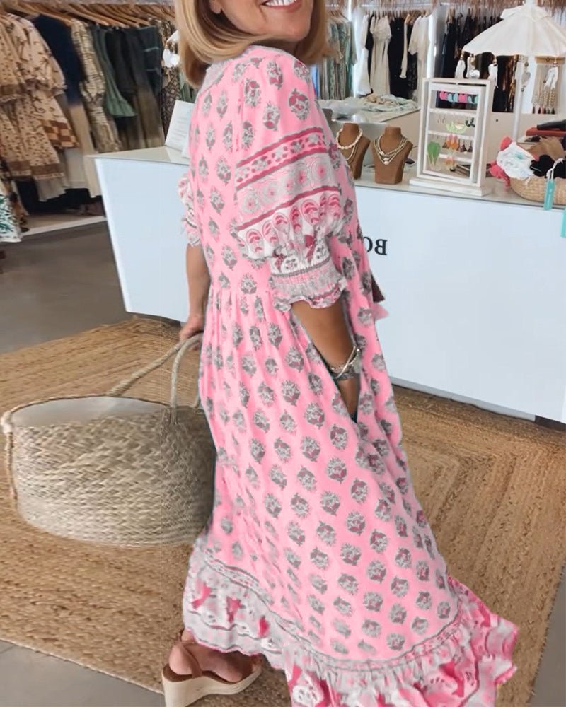 Stella | Floral V-Neck Linen Midi Dress for Summer