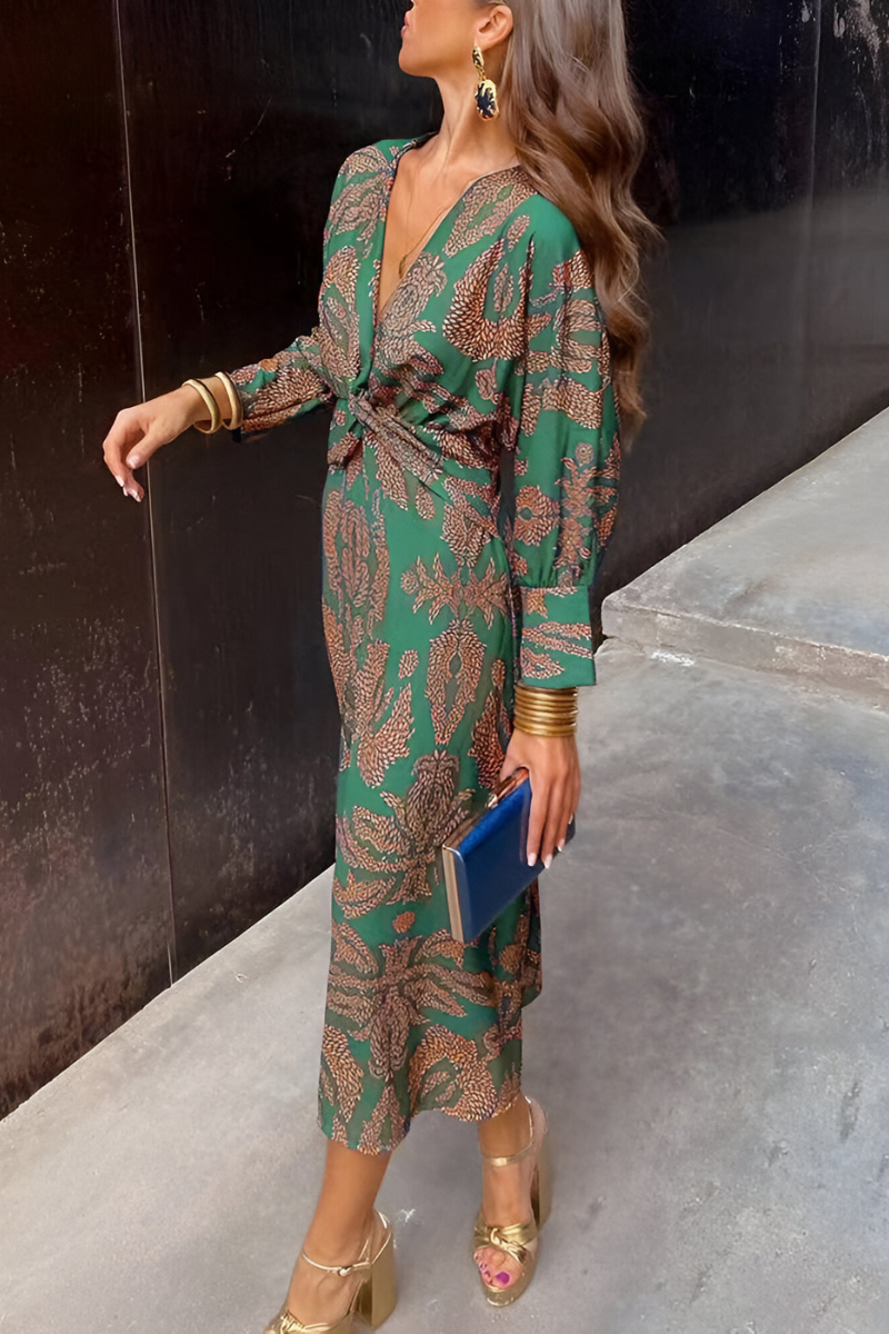 Xanthe | Floral Twist-Front Long-Sleeve Midi Dress