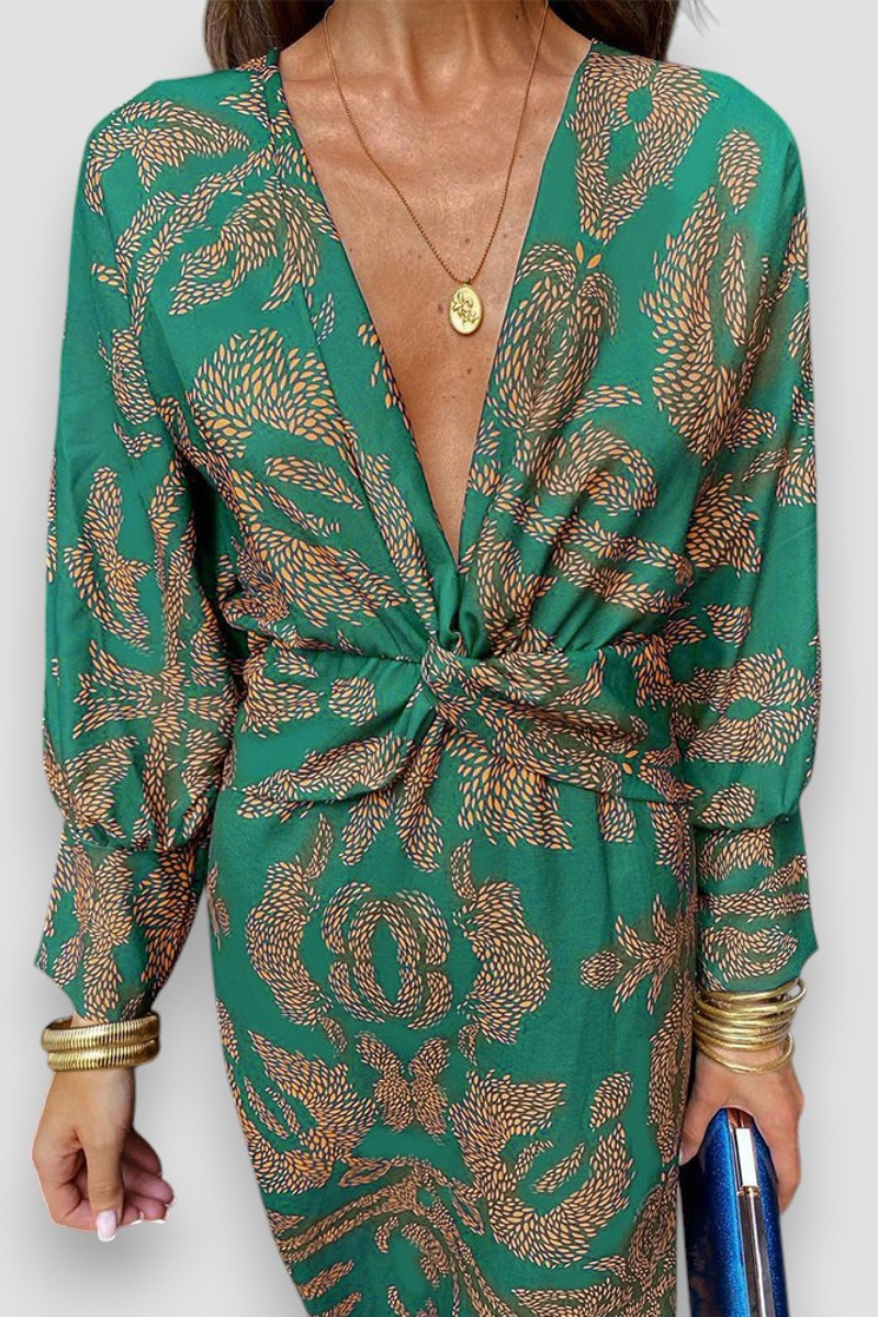 Xanthe | Floral Twist-Front Long-Sleeve Midi Dress