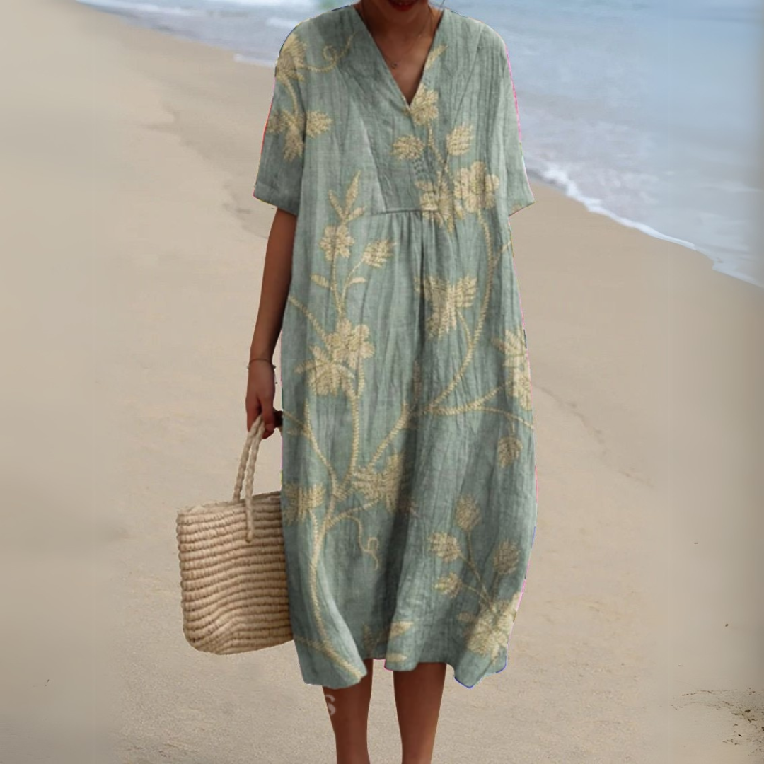 Serena | Floral Cotton-Linen V-Neck Dress for Summer