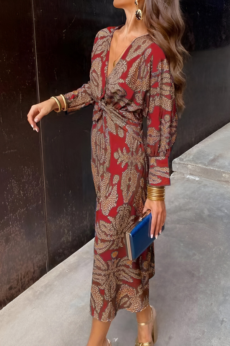 Xanthe | Floral Twist-Front Long-Sleeve Midi Dress