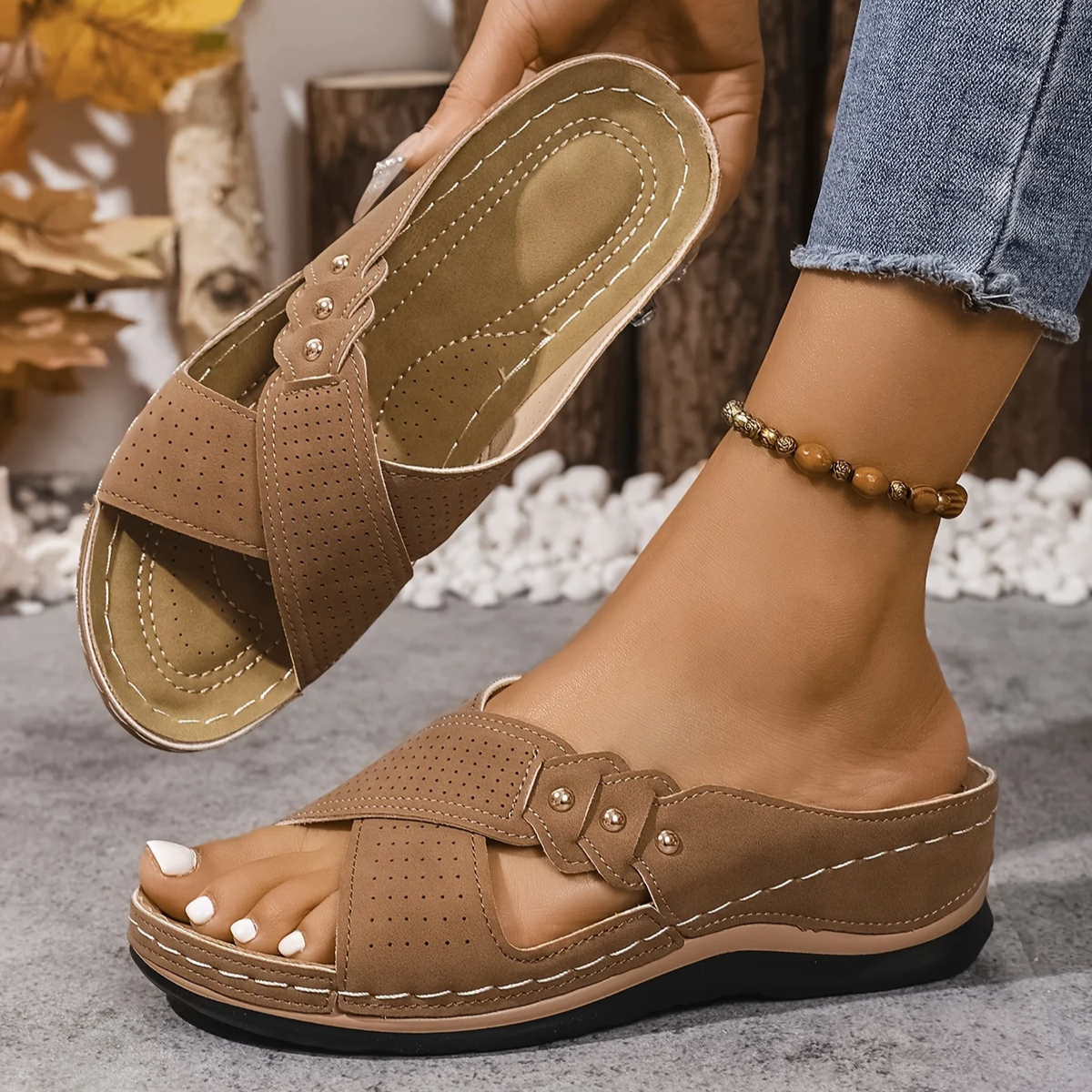 Indie | Criss-Cross Perforated Low Wedge Women Sandals for Summer