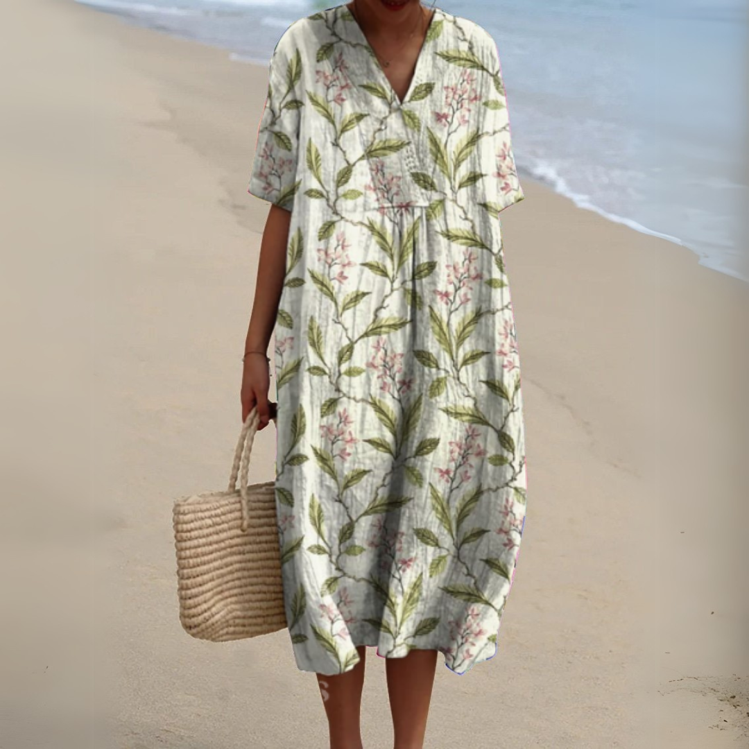 Serena | Floral Cotton-Linen V-Neck Dress for Summer