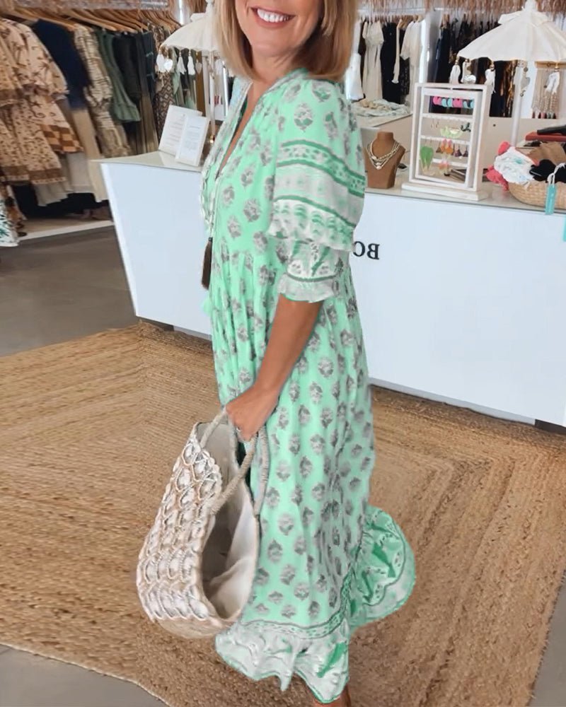 Stella | Floral V-Neck Linen Midi Dress for Summer