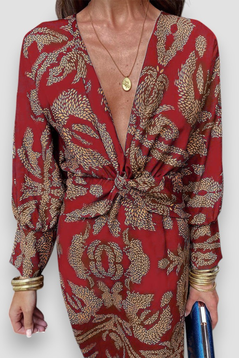 Xanthe | Floral Twist-Front Long-Sleeve Midi Dress