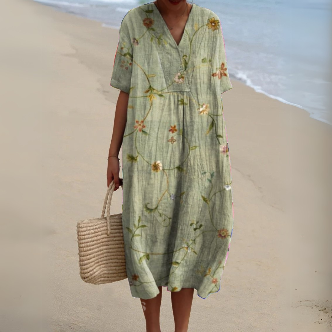 Serena | Floral Cotton-Linen V-Neck Dress for Summer