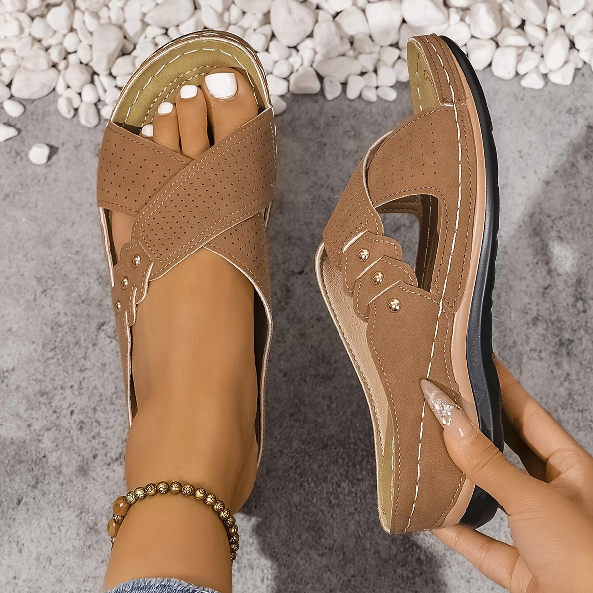 Indie | Criss-Cross Perforated Low Wedge Women Sandals for Summer