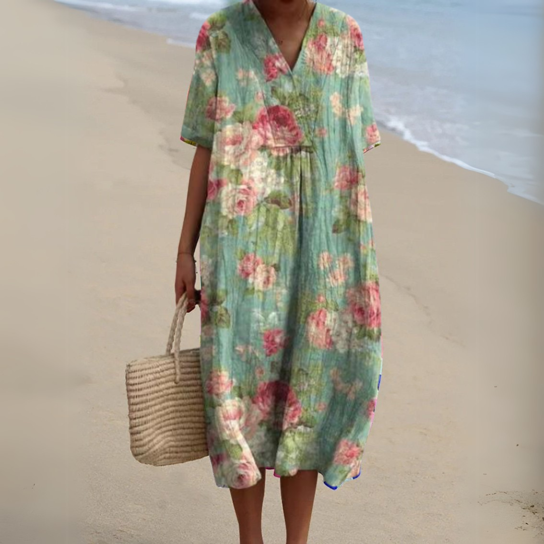 Rhea | Floral V-Neck Adjustable-Waist Chiffon Dress for Summer