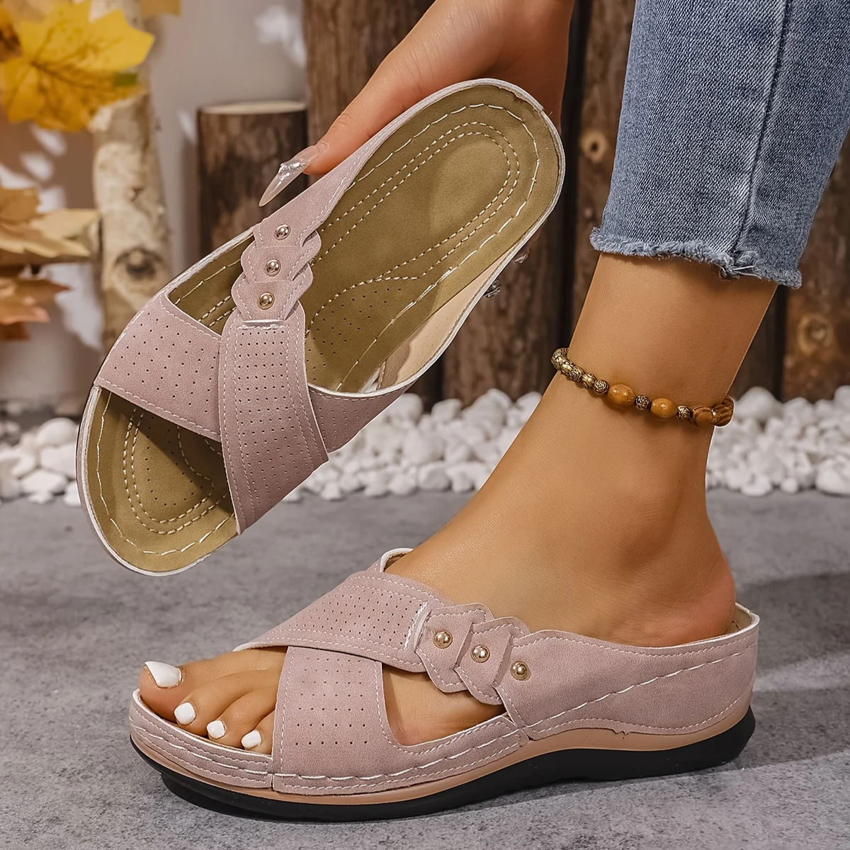 Indie | Criss-Cross Perforated Low Wedge Women Sandals for Summer