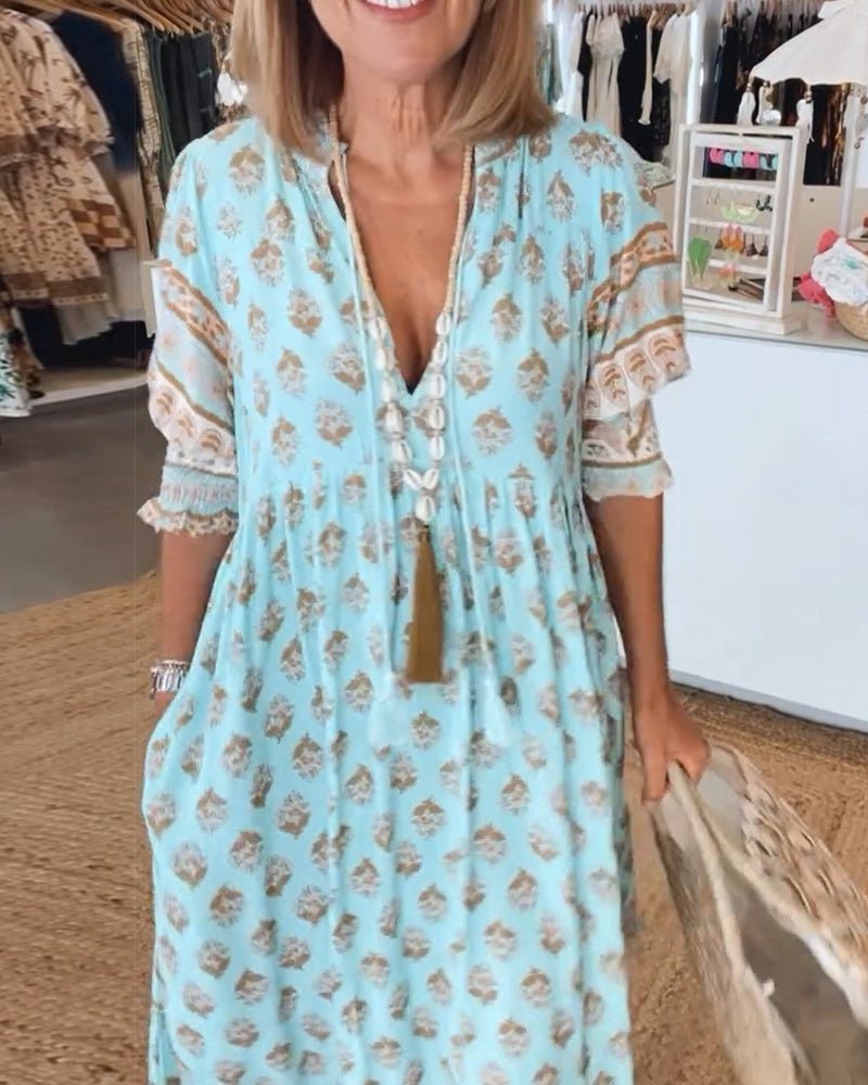 Stella | Floral V-Neck Linen Midi Dress for Summer