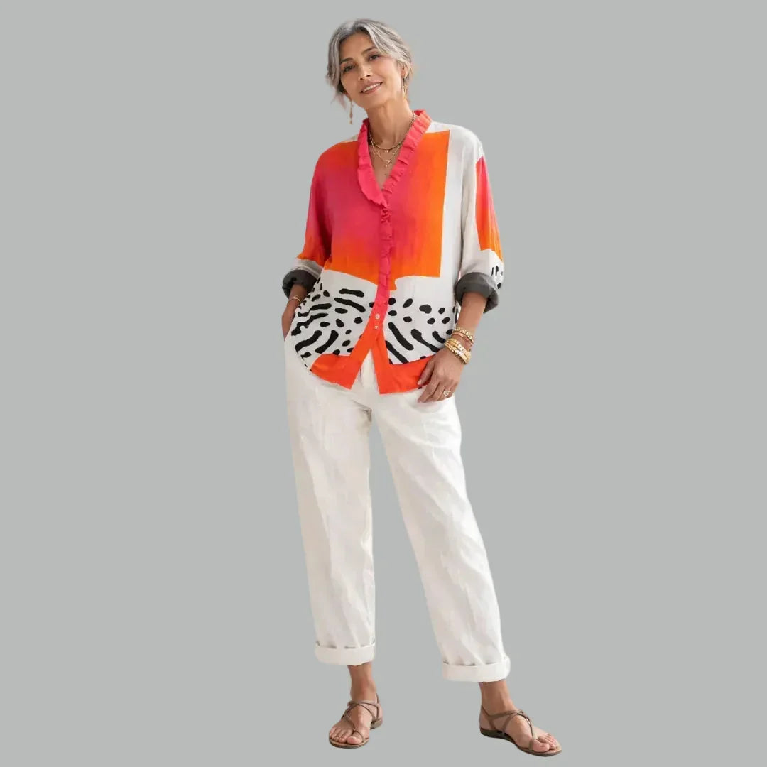 Fiona | Printed Ruffle-Neck Relaxed Women Blouses