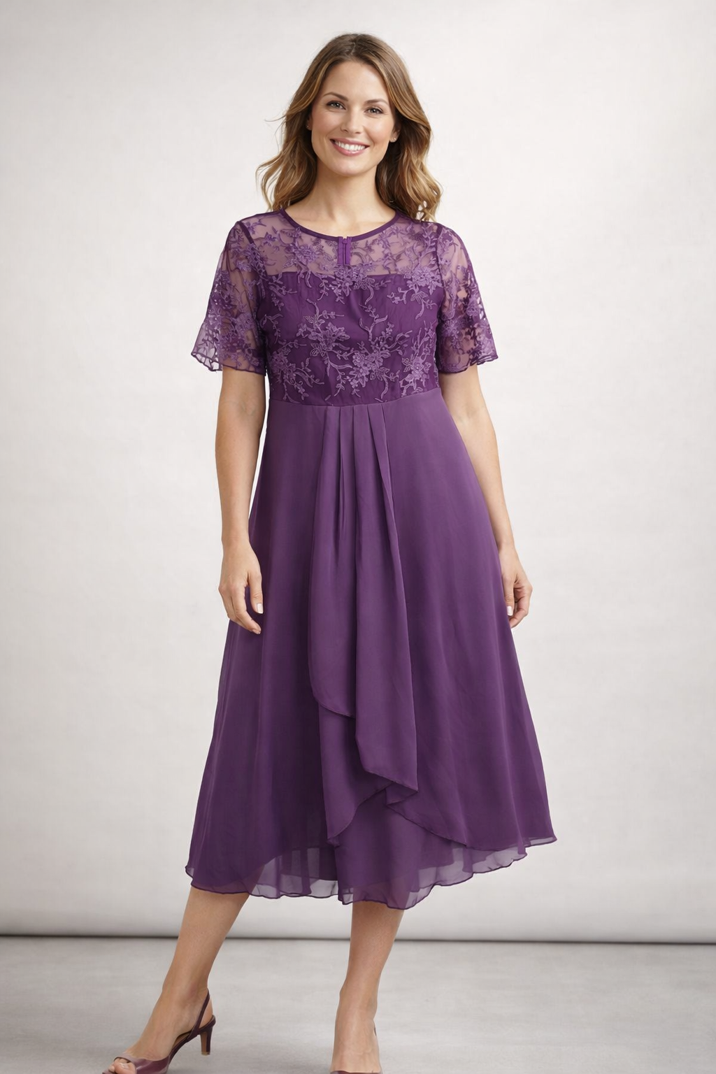 Eleanor | Lace Sheer-Sleeve Midi Dress for Summer
