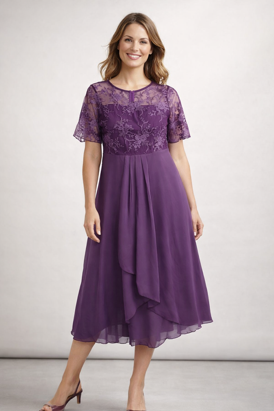 Eleanor | Lace Sheer-Sleeve Midi Dress for Summer