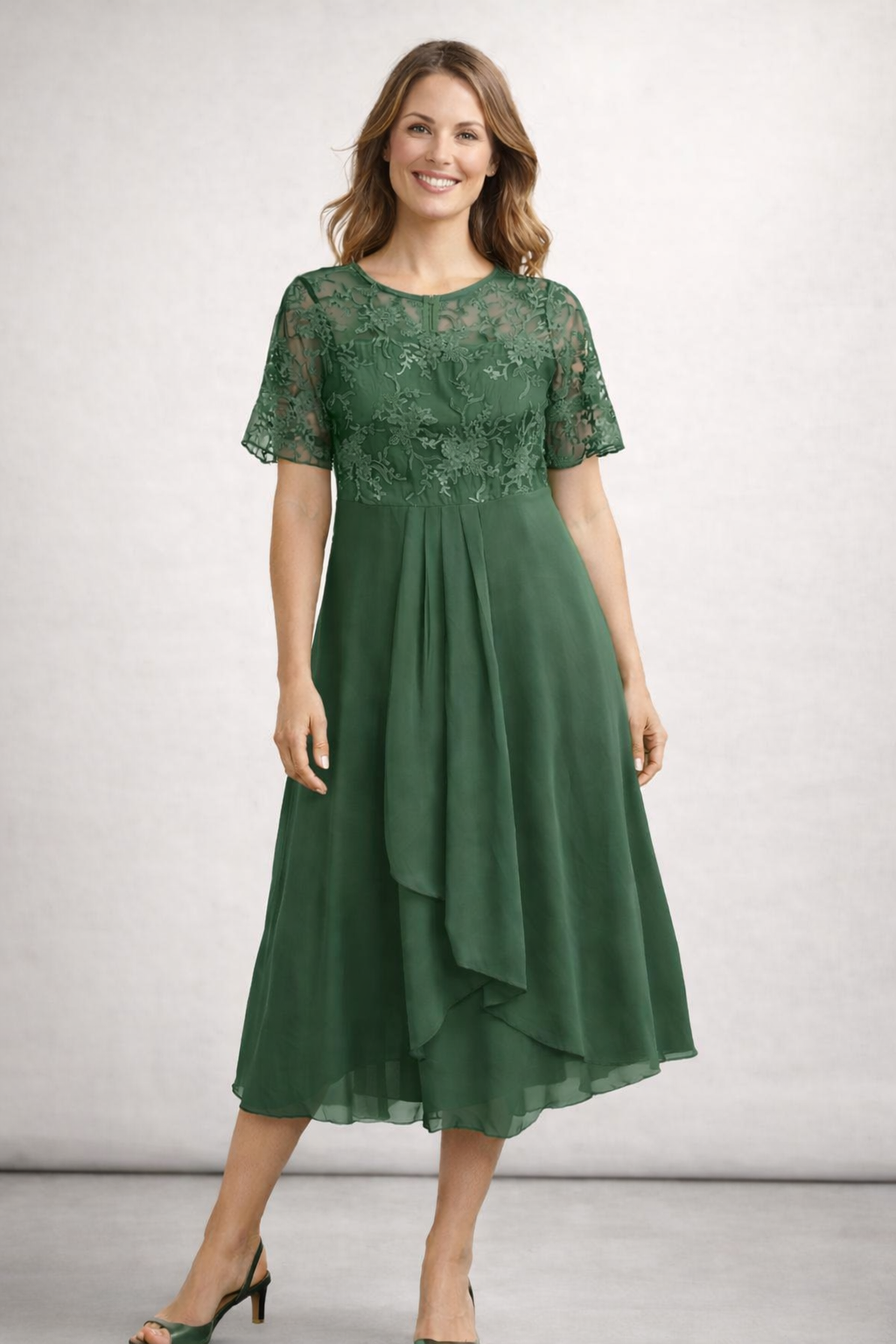 Eleanor | Lace Sheer-Sleeve Midi Dress for Summer