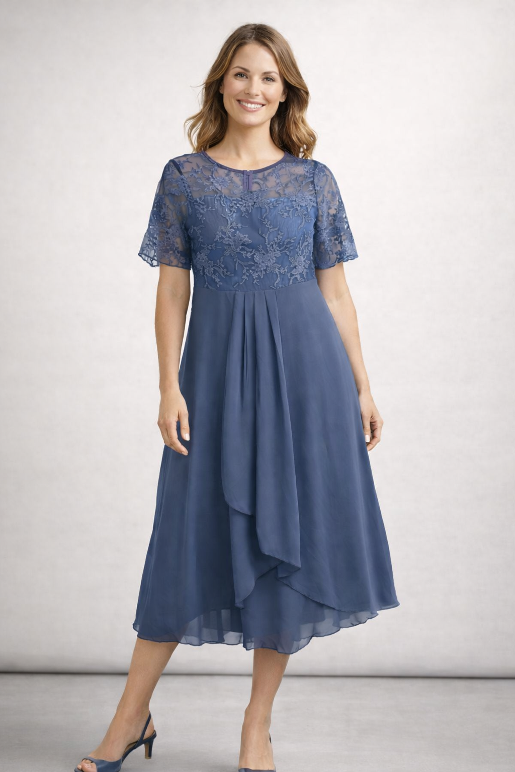 Eleanor | Lace Sheer-Sleeve Midi Dress for Summer