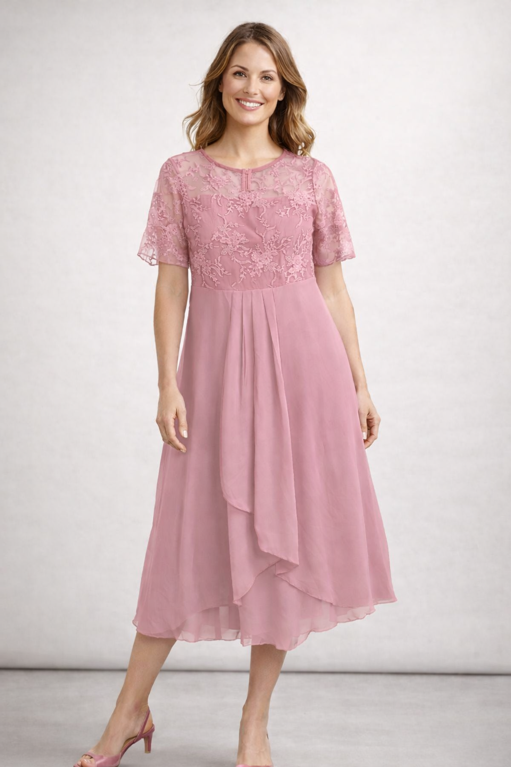 Eleanor | Lace Sheer-Sleeve Midi Dress for Summer