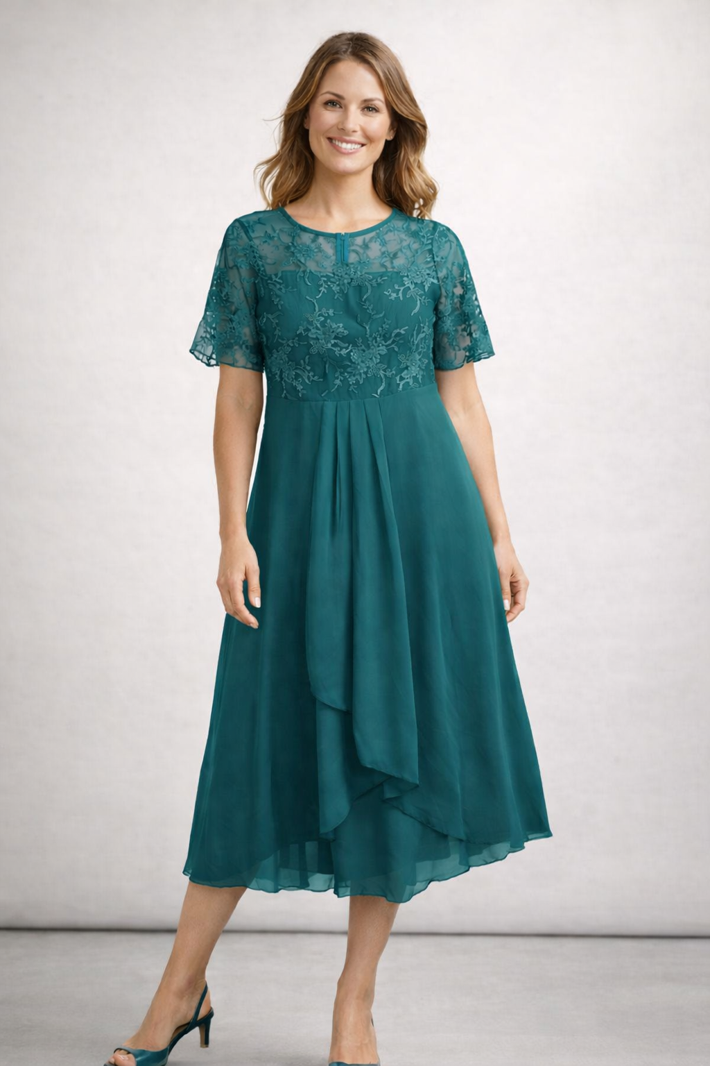 Eleanor | Lace Sheer-Sleeve Midi Dress for Summer