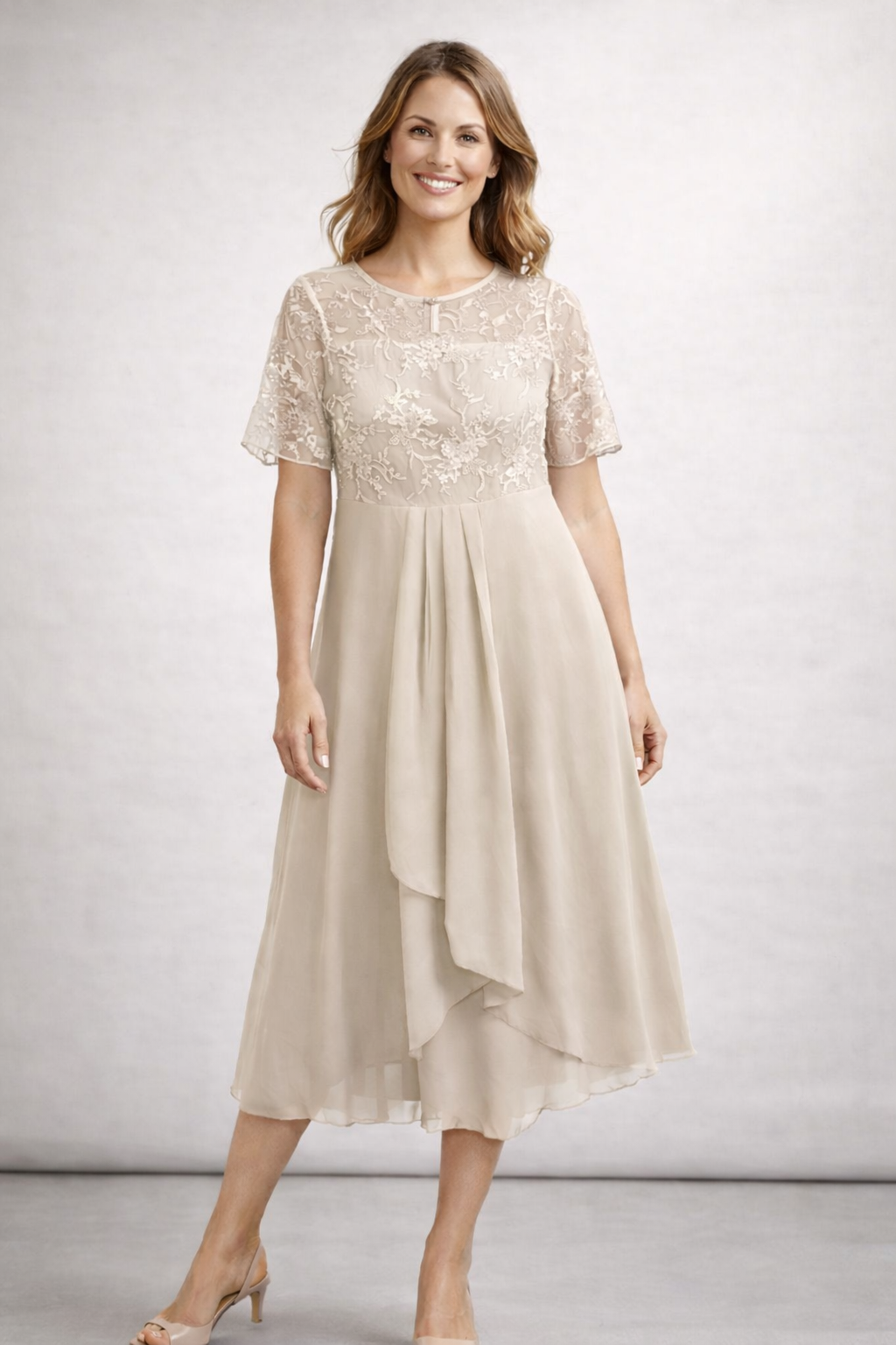 Eleanor | Lace Sheer-Sleeve Midi Dress for Summer
