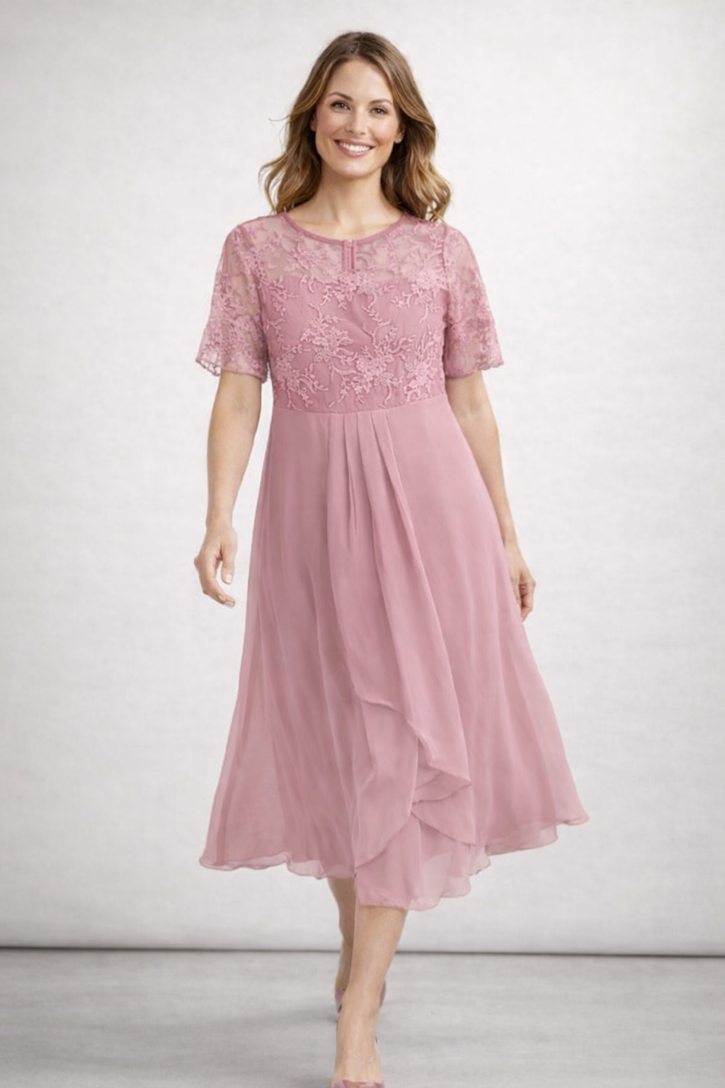 Eleanor | Lace Sheer-Sleeve Midi Dress for Summer