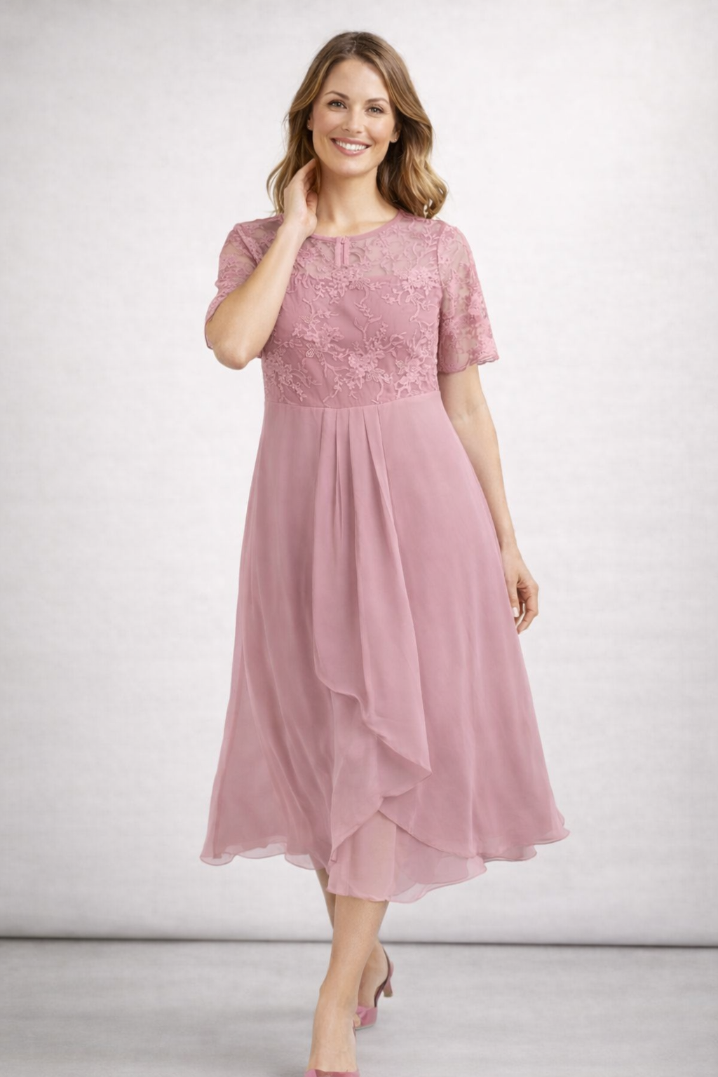 Eleanor | Lace Sheer-Sleeve Midi Dress for Summer