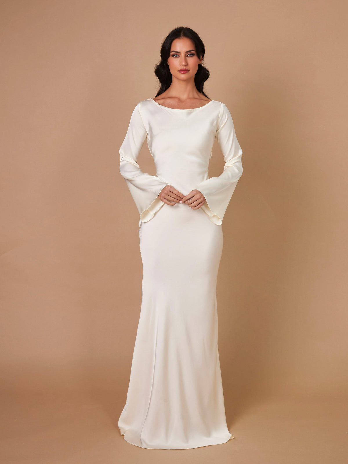 Sage | Long-Sleeve Satin Empire-Waist Maxi Dress
