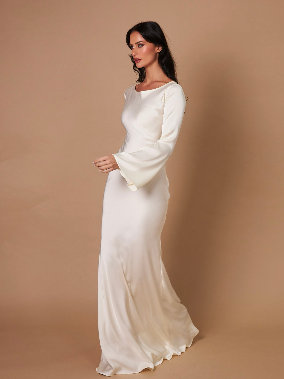 Sage | Long-Sleeve Satin Empire-Waist Maxi Dress