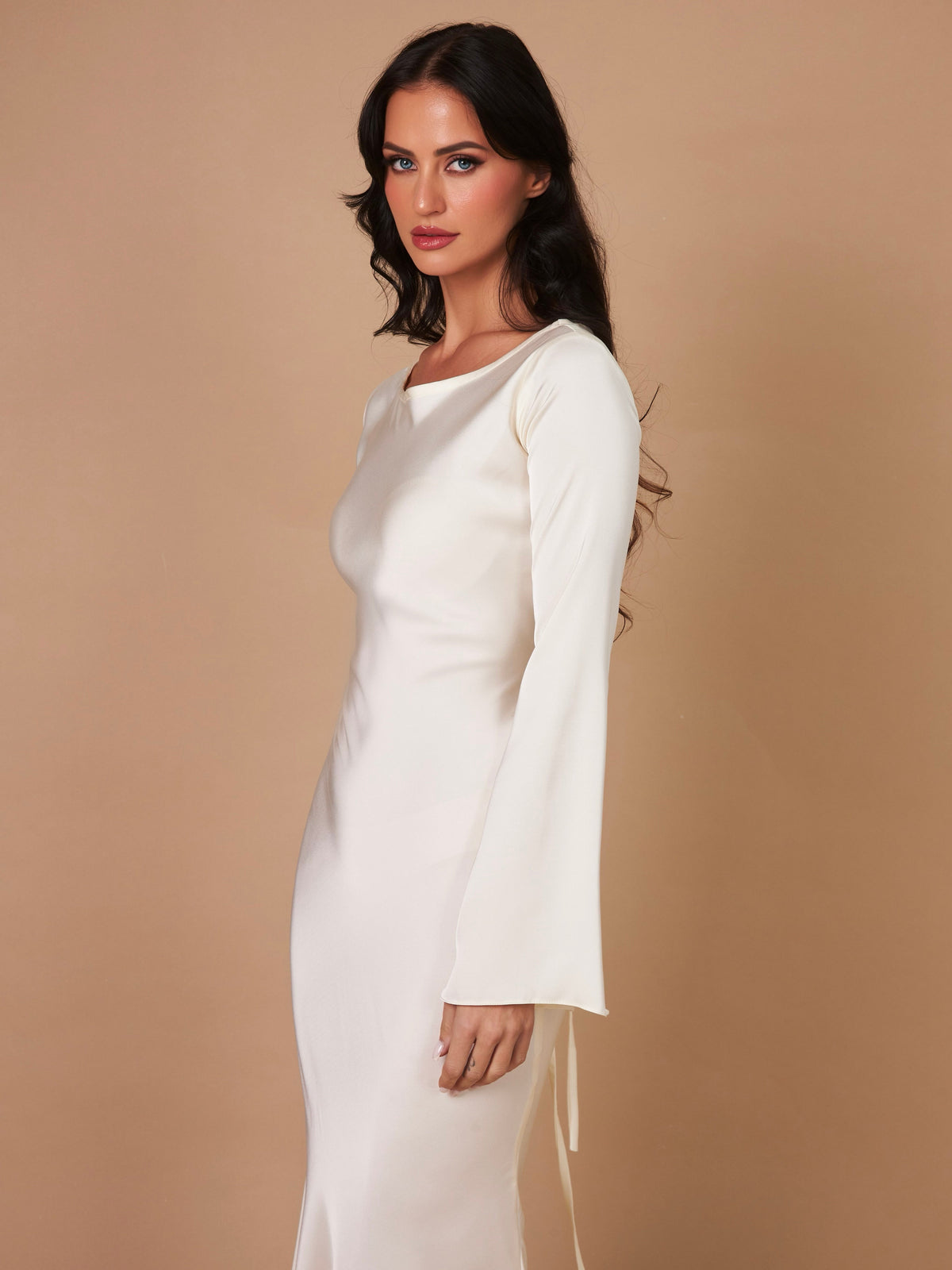 Sage | Long-Sleeve Satin Empire-Waist Maxi Dress