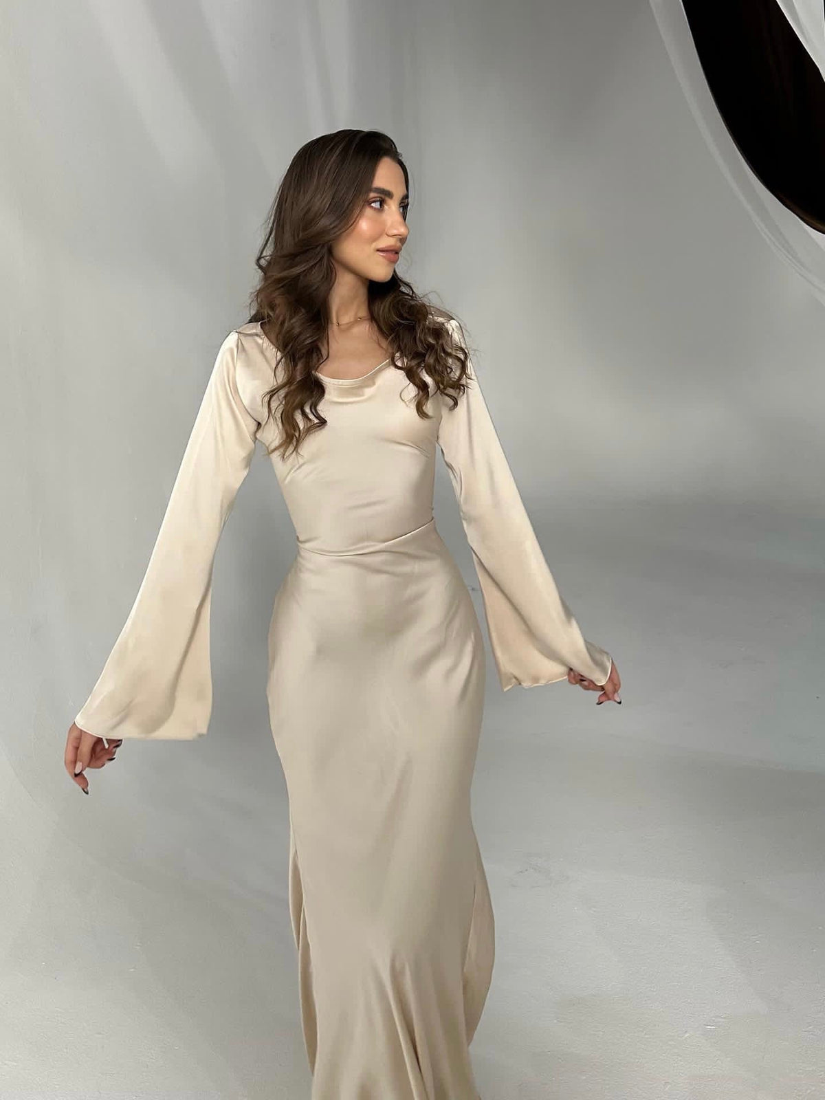 Sage | Long-Sleeve Satin Empire-Waist Maxi Dress