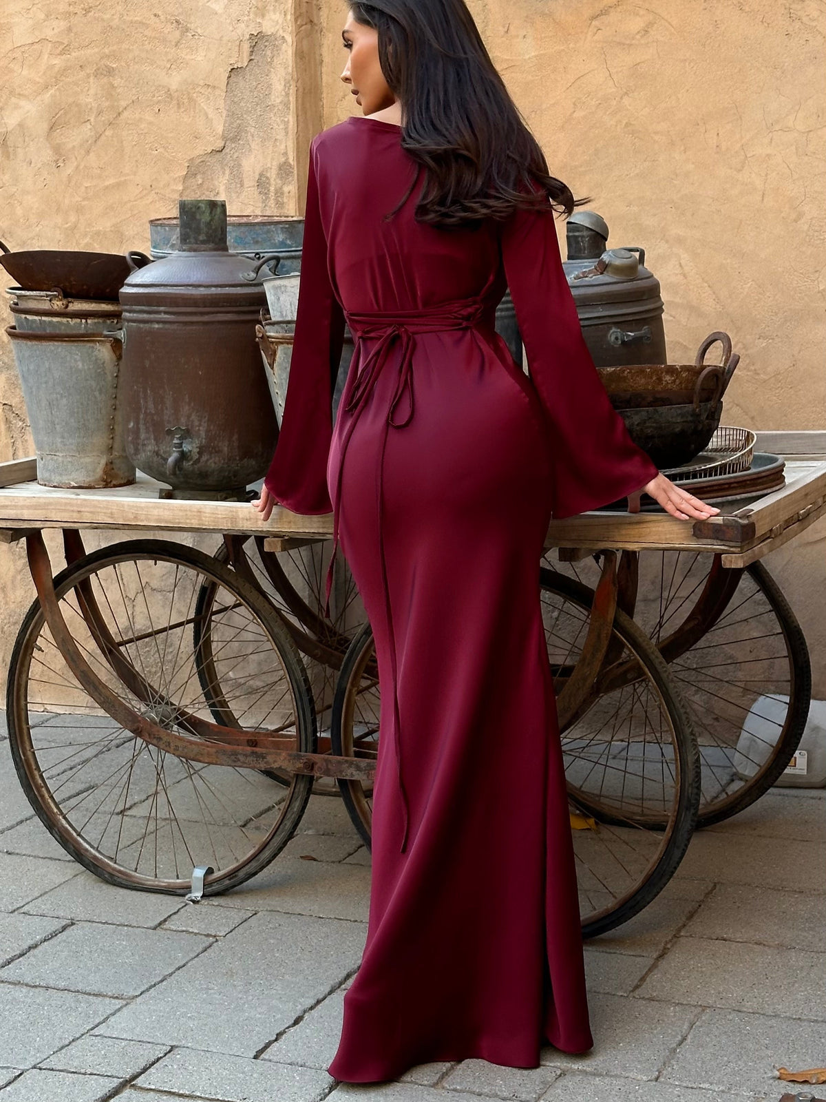 Sage | Long-Sleeve Satin Empire-Waist Maxi Dress