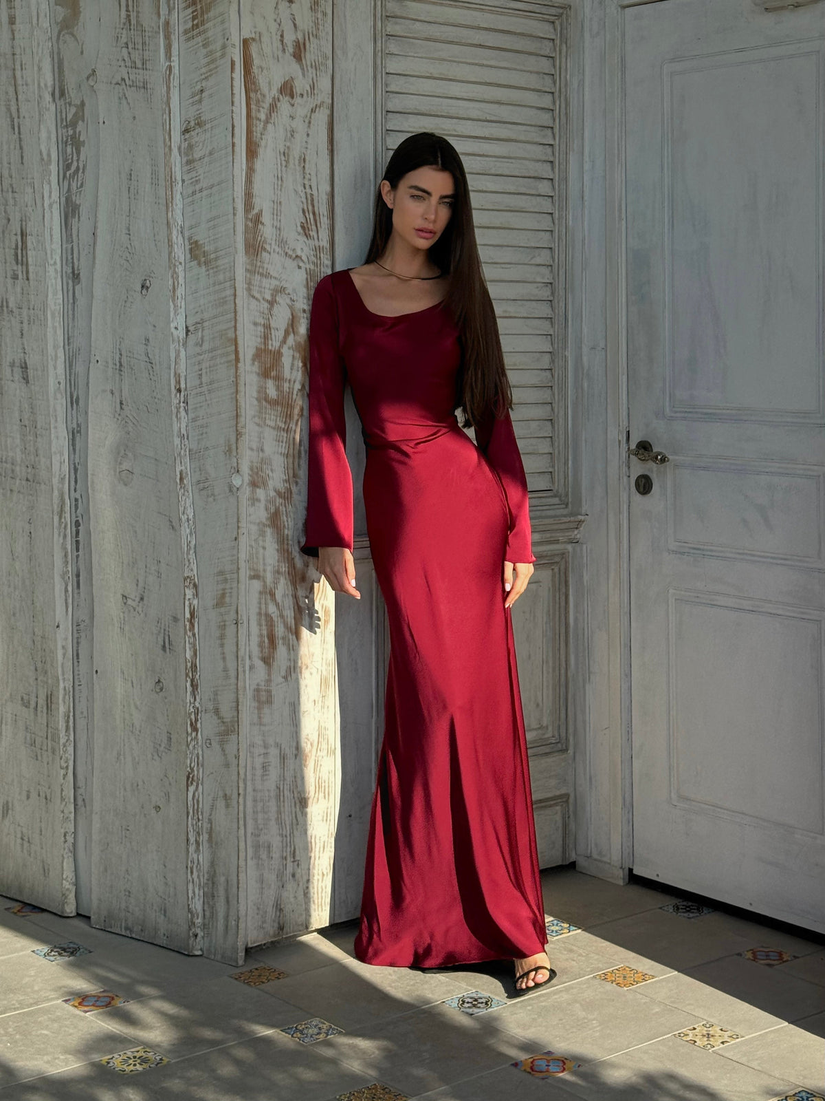 Sage | Long-Sleeve Satin Empire-Waist Maxi Dress
