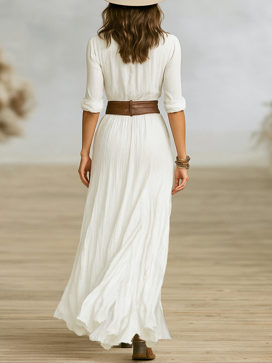 Melody | Belted Pleated-Lapel Long Dress