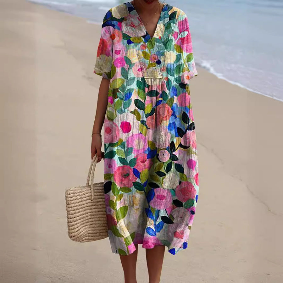 Elise | Floral V-Neck Everyday Midi Dress for Summer