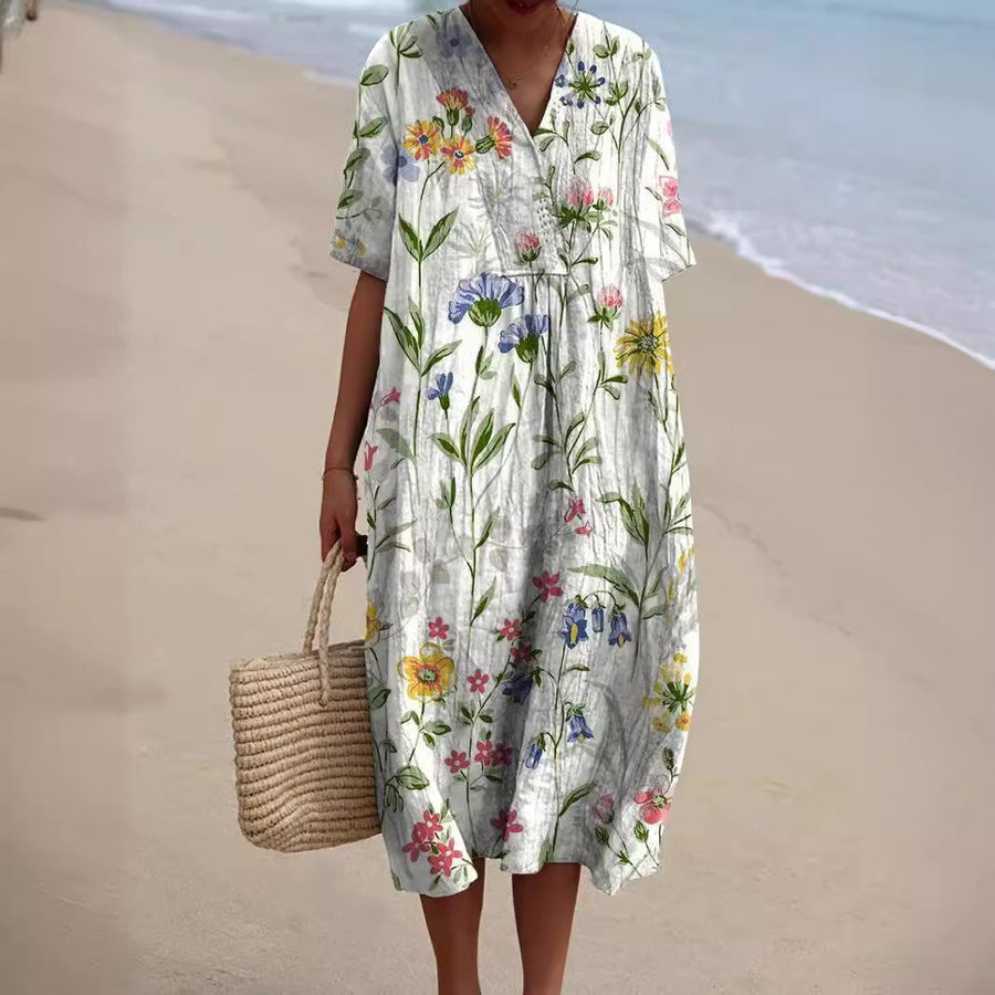 Elise | Floral V-Neck Everyday Midi Dress for Summer